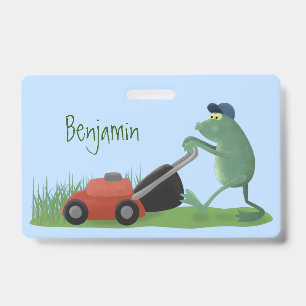 Funny green frog mowing lawn cartoon badge