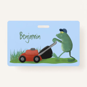 Funny green frog mowing lawn cartoon badge