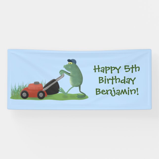 Funny green frog mowing lawn cartoon banner (Horizontal)