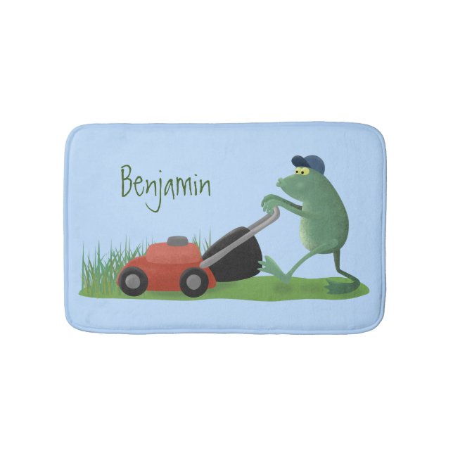 Funny green frog mowing lawn cartoon bath mat (Front)