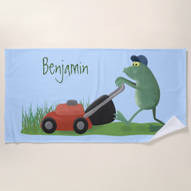 Funny green frog mowing lawn cartoon beach towel (Front)