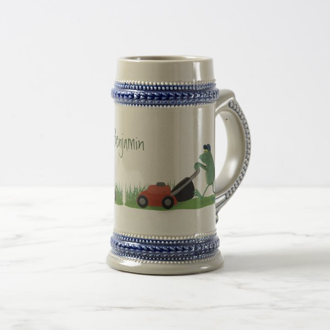 Funny green frog mowing lawn cartoon beer stein (Front Right)