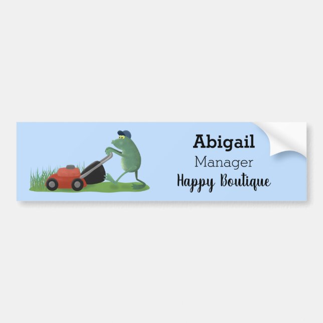 Funny green frog mowing lawn cartoon bumper sticker (Front)