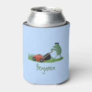 Funny green frog mowing lawn cartoon can cooler