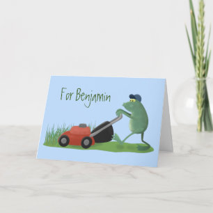 Funny green frog mowing lawn cartoon card