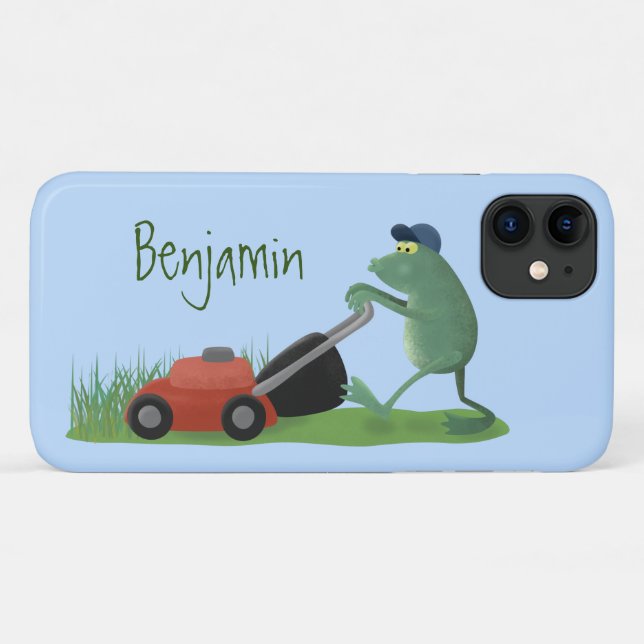 Funny green frog mowing lawn cartoon Case-Mate iPhone case (Back (Horizontal))