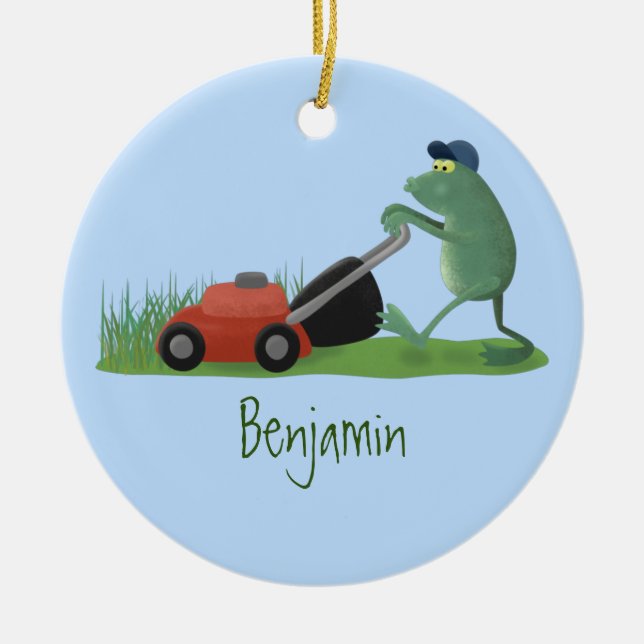 Funny green frog mowing lawn cartoon ceramic ornament (Front)
