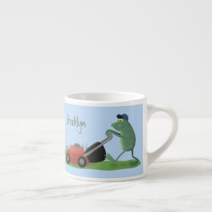 Funny green frog mowing lawn cartoon espresso cup