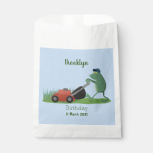 Funny green frog mowing lawn cartoon favour bag