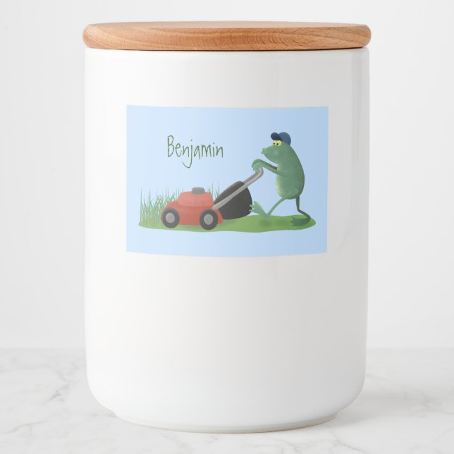 Funny green frog mowing lawn cartoon food label (Front)