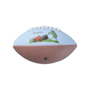Funny green frog mowing lawn cartoon football