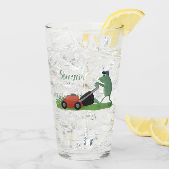 Funny green frog mowing lawn cartoon glass (Back Ice)