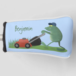 Funny green frog mowing lawn cartoon golf head cover