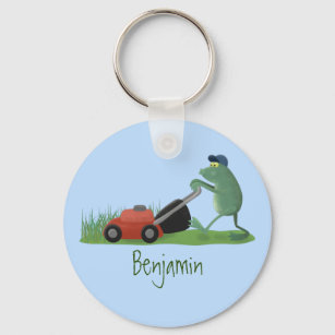 Funny green frog mowing lawn cartoon keychain