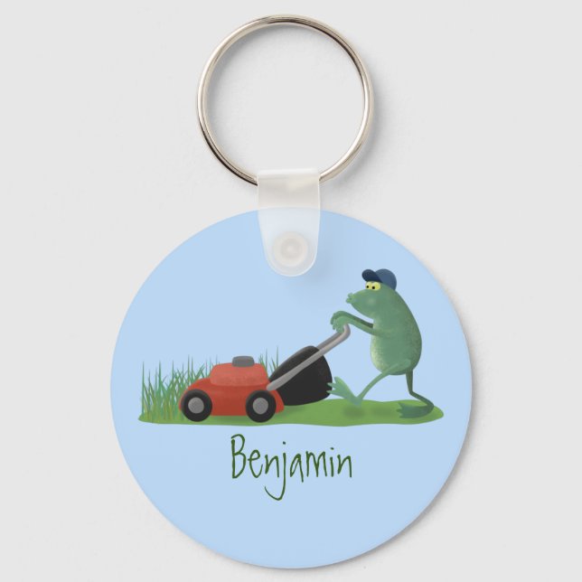 Funny green frog mowing lawn cartoon keychain (Front)