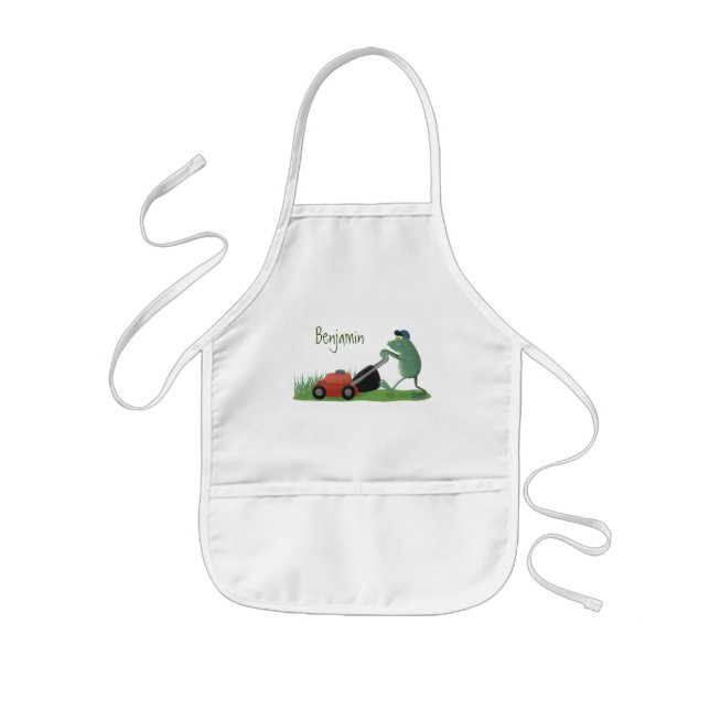 Funny green frog mowing lawn cartoon kids apron (Front)