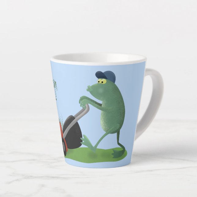 Funny green frog mowing lawn cartoon latte mug (Right Angle)