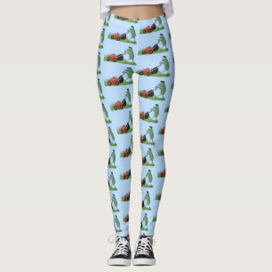 Funny green frog mowing lawn cartoon leggings