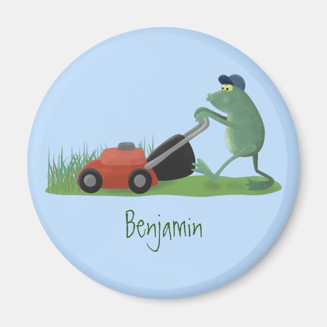 Funny green frog mowing lawn cartoon magnet (Front)
