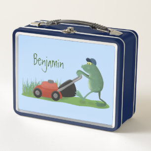 Funny green frog mowing lawn cartoon metal lunch box