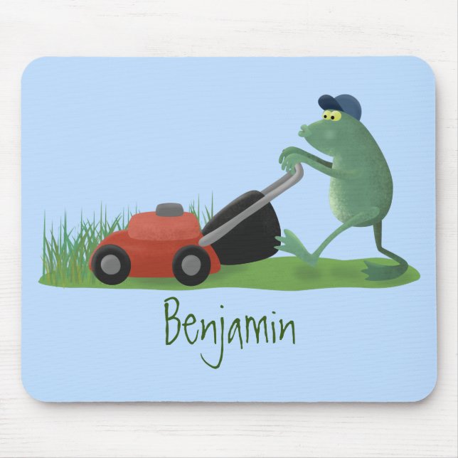 Funny green frog mowing lawn cartoon mouse pad (Front)