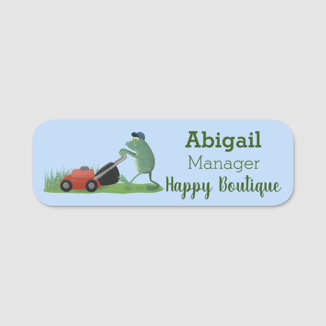 Funny green frog mowing lawn cartoon  name tag (Front)