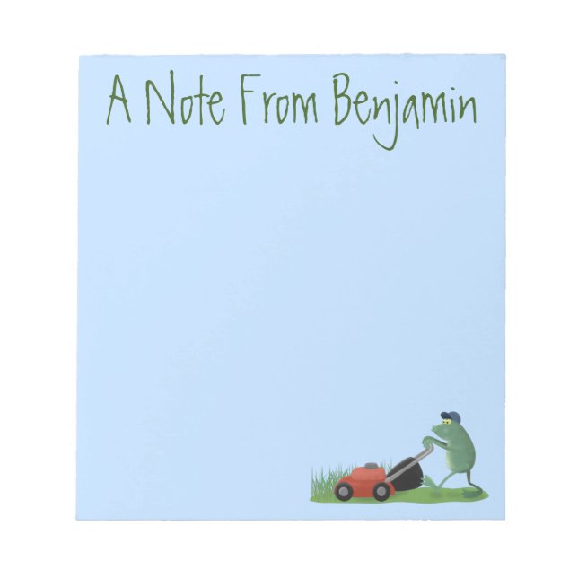 Funny green frog mowing lawn cartoon notepad (Front)