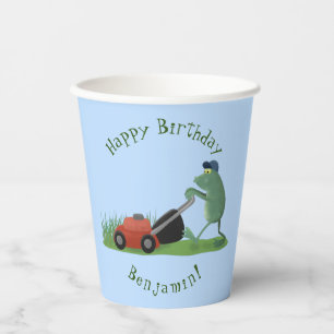 Funny green frog mowing lawn cartoon paper cups