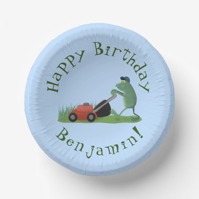 Funny green frog mowing lawn cartoon paper plate (Front)