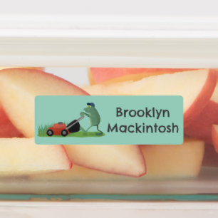 Funny green frog mowing lawn cartoon personalized