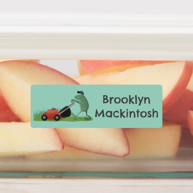 Funny green frog mowing lawn cartoon personalized (Affixed)