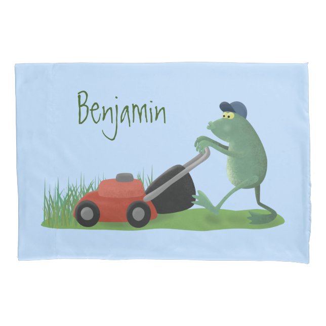 Funny green frog mowing lawn cartoon pillowcase (Front)