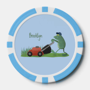 Funny green frog mowing lawn cartoon poker chips