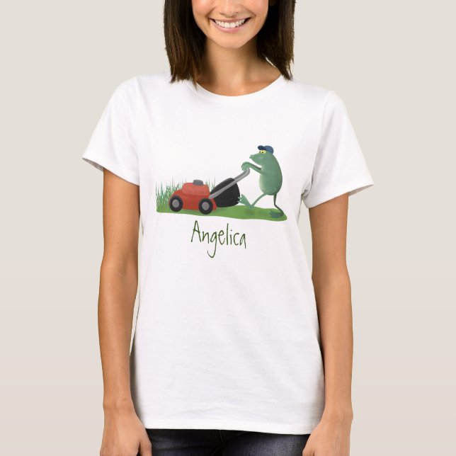 Funny green frog mowing lawn cartoon T-Shirt (Front)