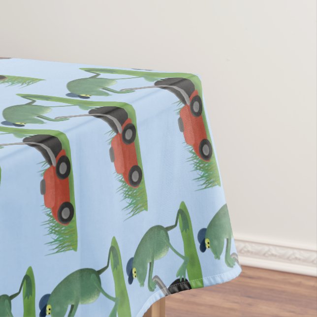 Funny green frog mowing lawn cartoon tablecloth (In Situ)