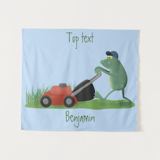Funny green frog mowing lawn cartoon  tapestry (Front (Horizontal))