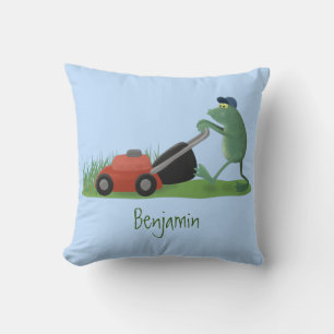 Funny green frog mowing lawn cartoon throw pillow