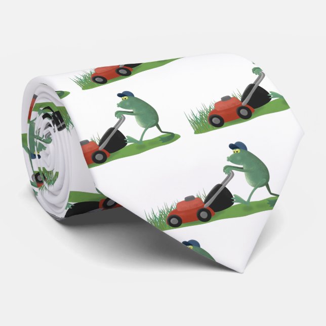 Funny green frog mowing lawn cartoon tie (Rolled)