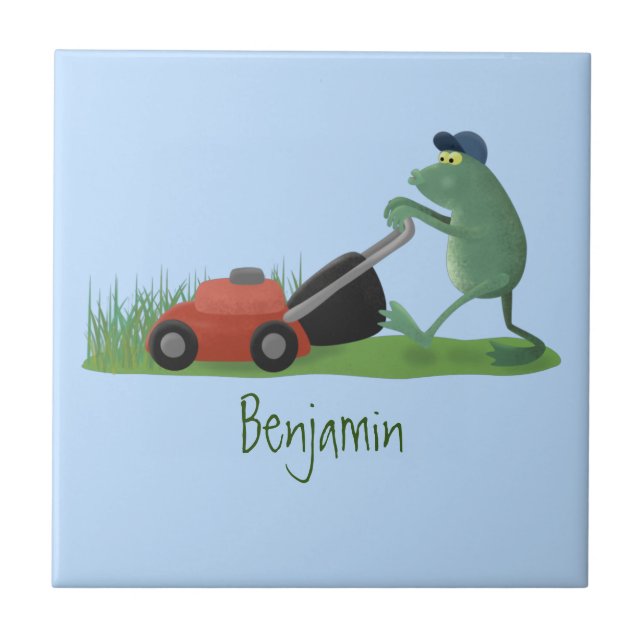 Funny green frog mowing lawn cartoon tile (Front)