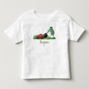Funny green frog mowing lawn cartoon toddler t-shirt