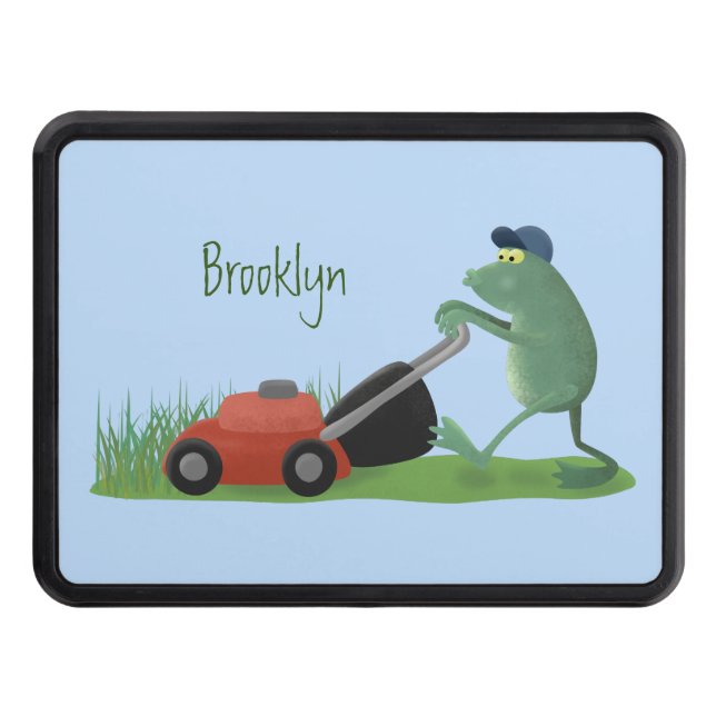 Funny green frog mowing lawn cartoon trailer hitch cover (Front)