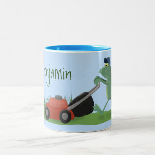 Funny green frog mowing lawn cartoon Two-Tone coffee mug