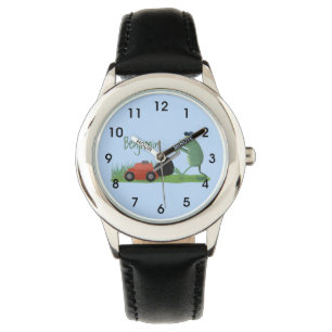 Funny green frog mowing lawn cartoon watch