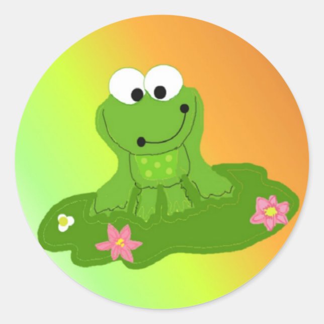 Funny Green Frog on a Lily Pad Classic Round Sticker (Front)