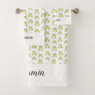 Funny green frog pattern boys name  bath towel set