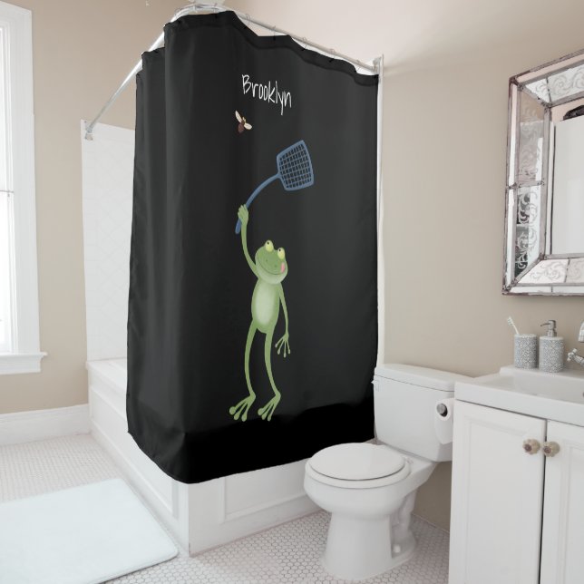 Funny green frog swatting fly cartoon (In Situ)