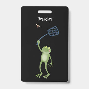 Funny green frog swatting fly cartoon badge