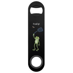 Funny green frog swatting fly cartoon bar key