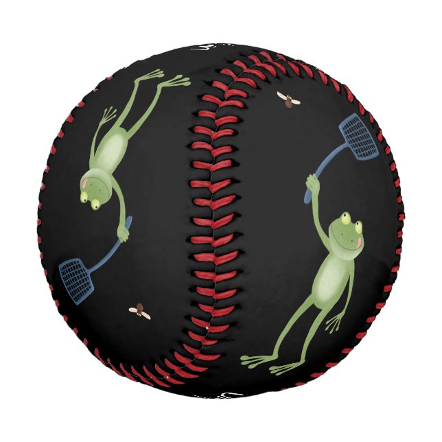 Funny green frog swatting fly cartoon baseball (Angled)