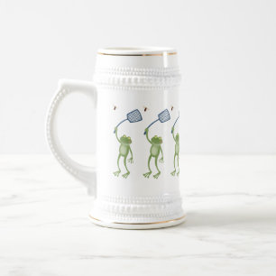 Funny green frog swatting fly cartoon beer stein